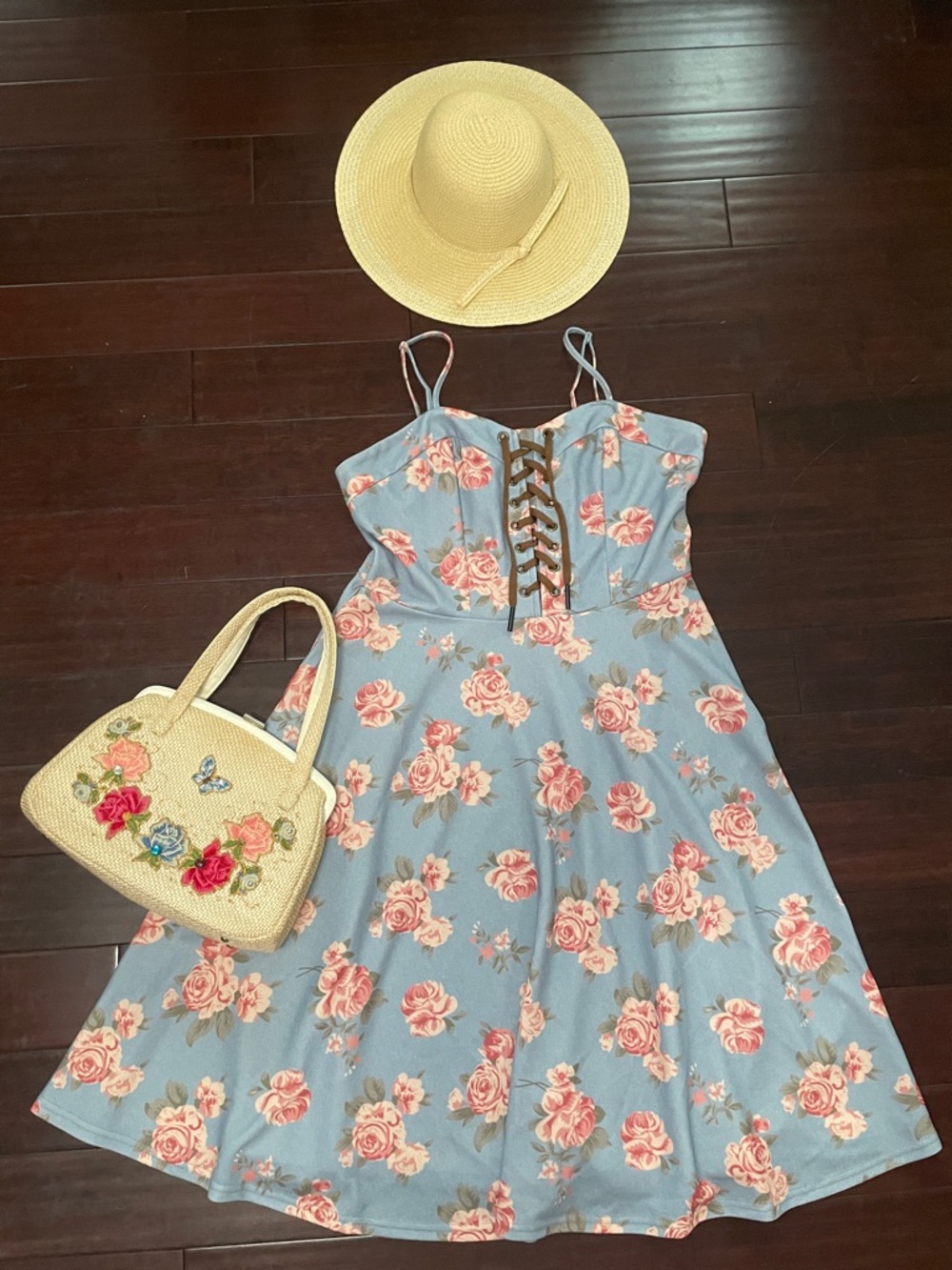Cottagecore Rose Print Corset Dress,1950s inspired, Fit & Flare, Blue Floral, XL